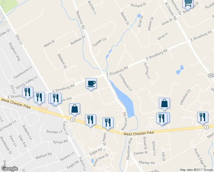 map of restaurants, bars, coffee shops, grocery stores, and more near 28 Reservoir Road in West Chester