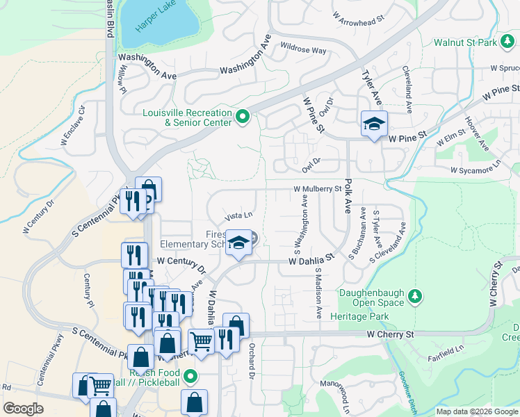 map of restaurants, bars, coffee shops, grocery stores, and more near 110 Vista Lane in Louisville