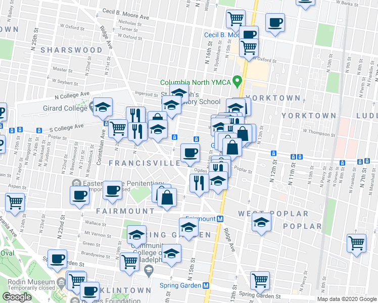 map of restaurants, bars, coffee shops, grocery stores, and more near 1606 Poplar Street in Philadelphia