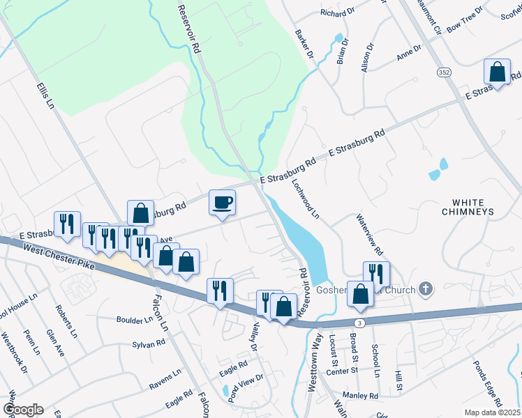 map of restaurants, bars, coffee shops, grocery stores, and more near 28 Reservoir Road in West Chester