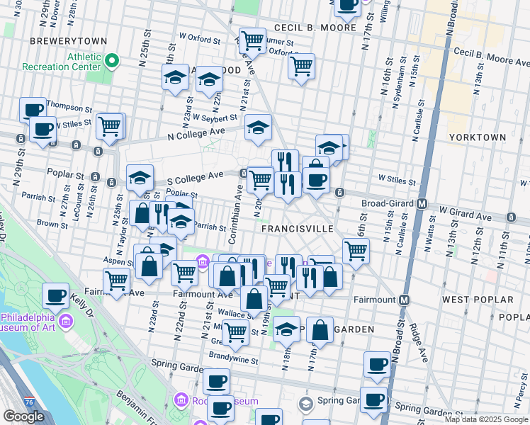 map of restaurants, bars, coffee shops, grocery stores, and more near 1926 Poplar Street in Philadelphia