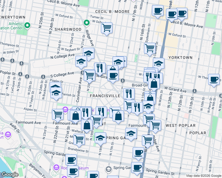 map of restaurants, bars, coffee shops, grocery stores, and more near in Philadelphia