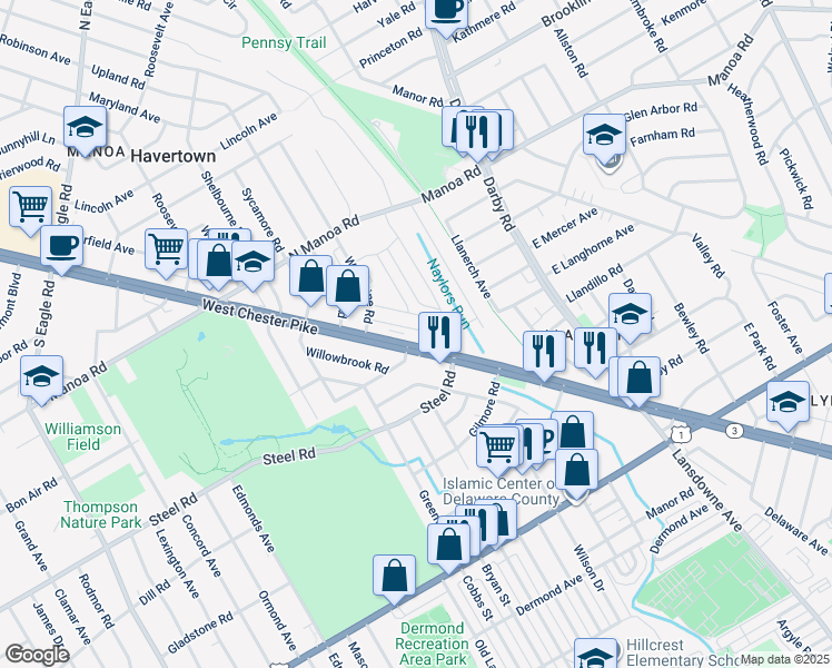 map of restaurants, bars, coffee shops, grocery stores, and more near in Delaware County