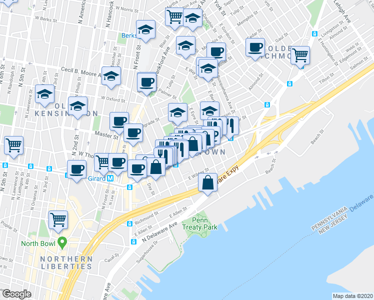 map of restaurants, bars, coffee shops, grocery stores, and more near 425 East Flora Street in Philadelphia