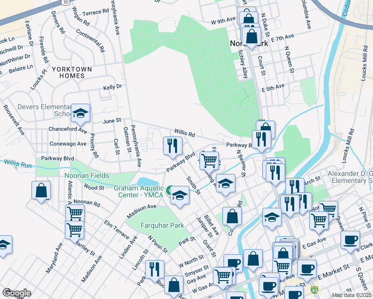 map of restaurants, bars, coffee shops, grocery stores, and more near 710 North Pershing Avenue in York