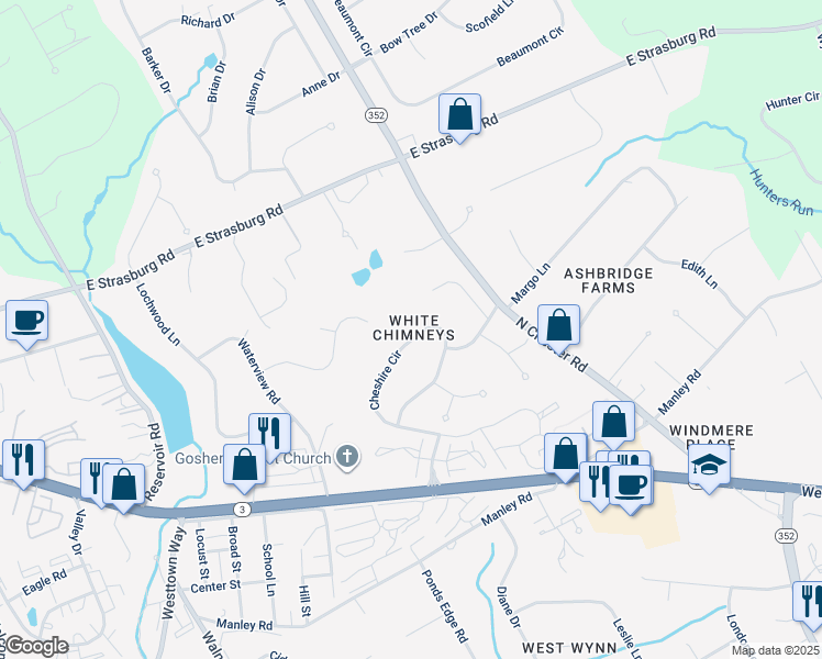 map of restaurants, bars, coffee shops, grocery stores, and more near 223 Cheshire Circle in West Chester
