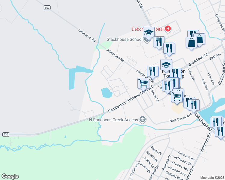 map of restaurants, bars, coffee shops, grocery stores, and more near 22 Finch Street in Browns Mills