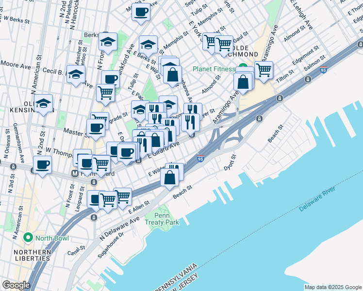 map of restaurants, bars, coffee shops, grocery stores, and more near 13 East Wildey Street in Philadelphia