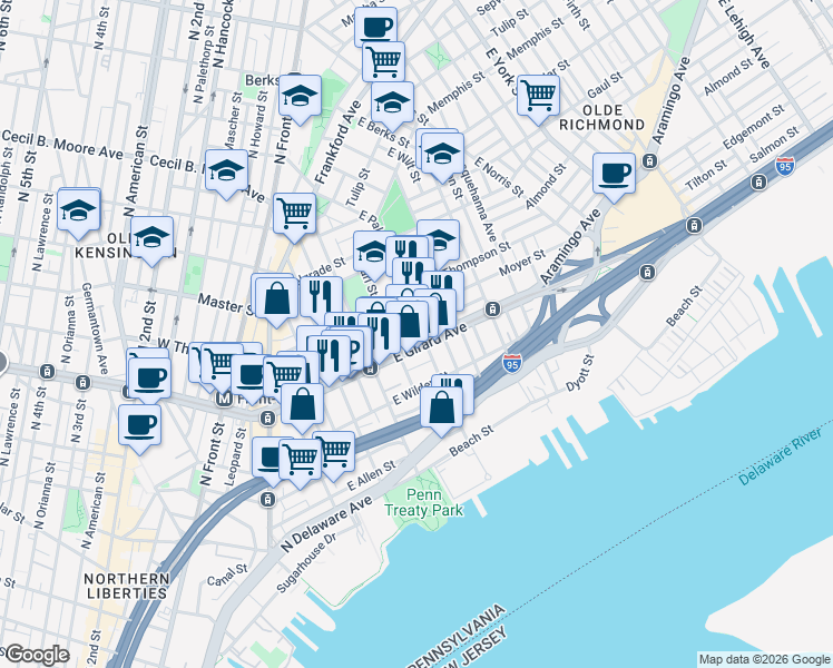 map of restaurants, bars, coffee shops, grocery stores, and more near in Philadelphia