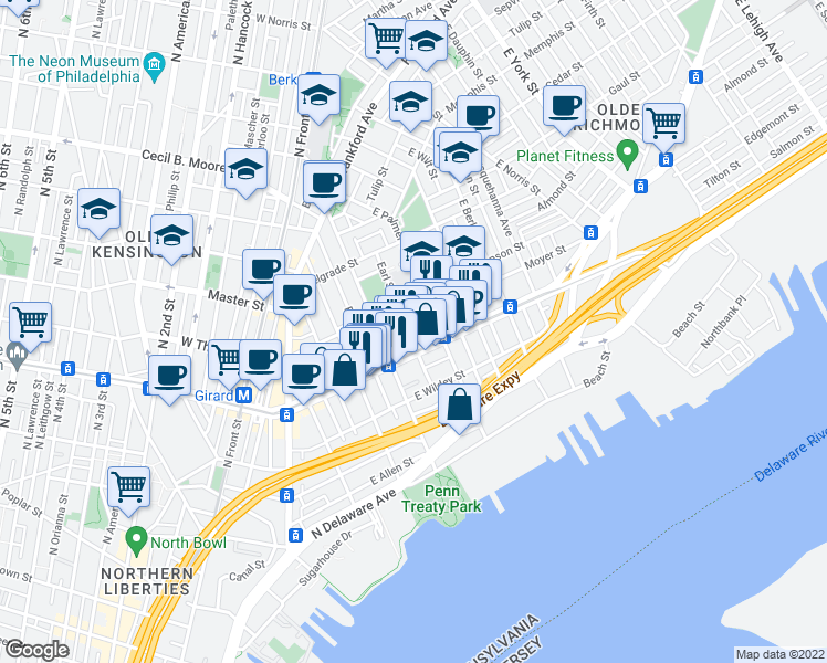 map of restaurants, bars, coffee shops, grocery stores, and more near 425 East Flora Street in Philadelphia