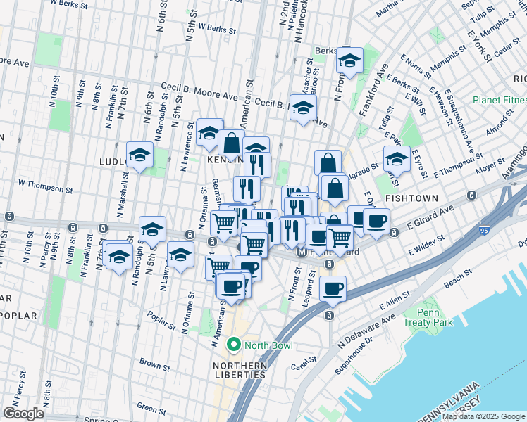 map of restaurants, bars, coffee shops, grocery stores, and more near 1307 North Palethorp Street in Philadelphia