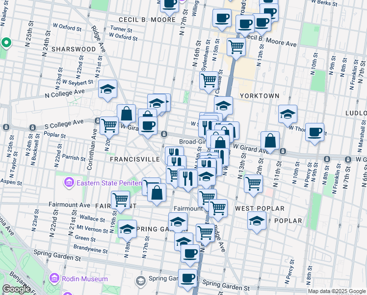 map of restaurants, bars, coffee shops, grocery stores, and more near 913 North 16th Street in Philadelphia