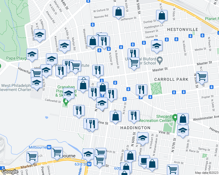 map of restaurants, bars, coffee shops, grocery stores, and more near 6217 West Stiles Street in Philadelphia