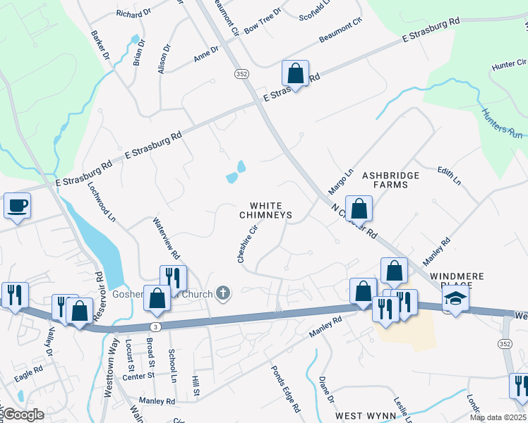 map of restaurants, bars, coffee shops, grocery stores, and more near 223 Cheshire Circle in West Chester