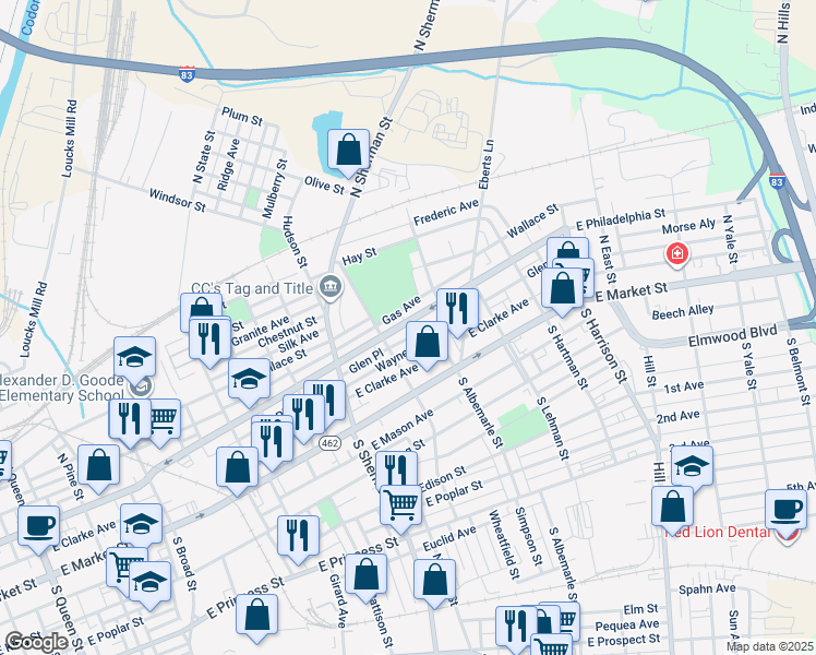 map of restaurants, bars, coffee shops, grocery stores, and more near 942 East Philadelphia Street in York