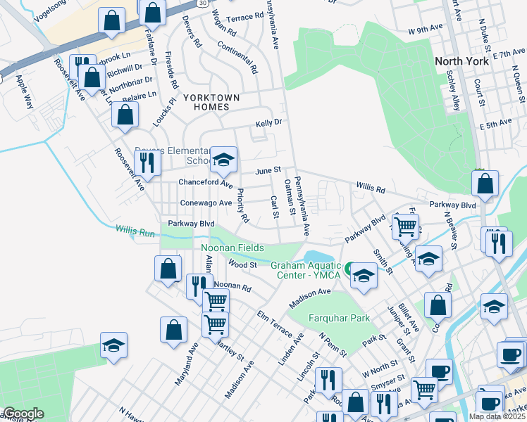 map of restaurants, bars, coffee shops, grocery stores, and more near 108 Talisman Court in York