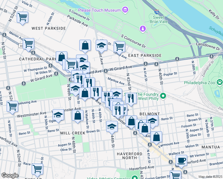 map of restaurants, bars, coffee shops, grocery stores, and more near 4320 Wyalusing Avenue in Philadelphia