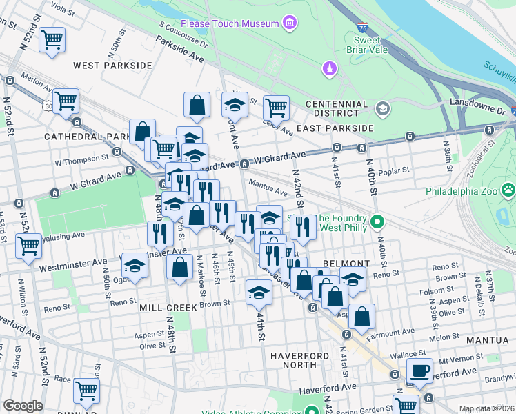 map of restaurants, bars, coffee shops, grocery stores, and more near 929 Belmont Avenue in Philadelphia