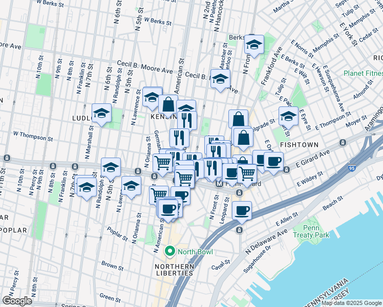 map of restaurants, bars, coffee shops, grocery stores, and more near 1309 North Palethorp Street in Philadelphia
