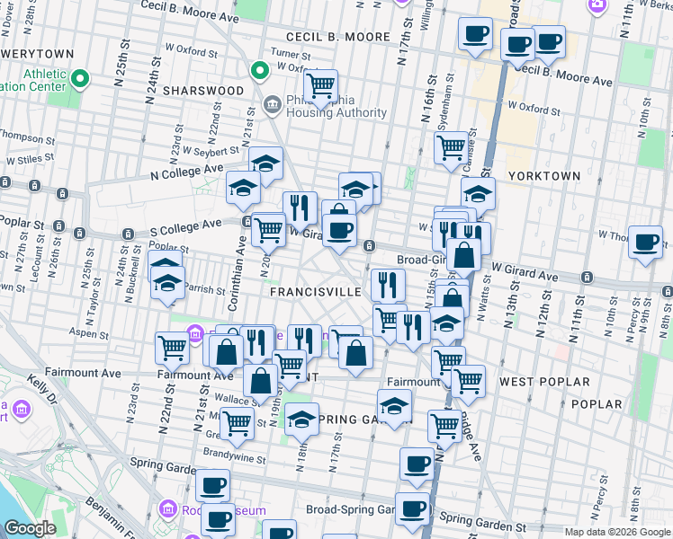 map of restaurants, bars, coffee shops, grocery stores, and more near in Philadelphia