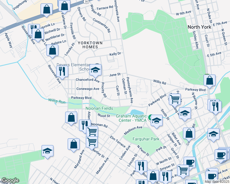 map of restaurants, bars, coffee shops, grocery stores, and more near 108 Talisman Court in York