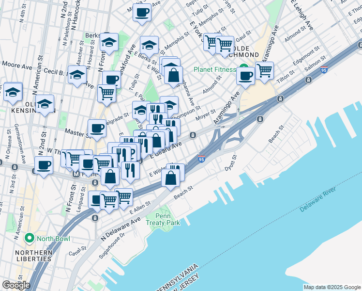 map of restaurants, bars, coffee shops, grocery stores, and more near 1116 East Eyre Street in Philadelphia