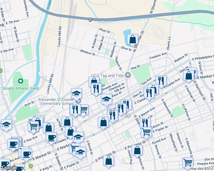 map of restaurants, bars, coffee shops, grocery stores, and more near 694 York Street in York