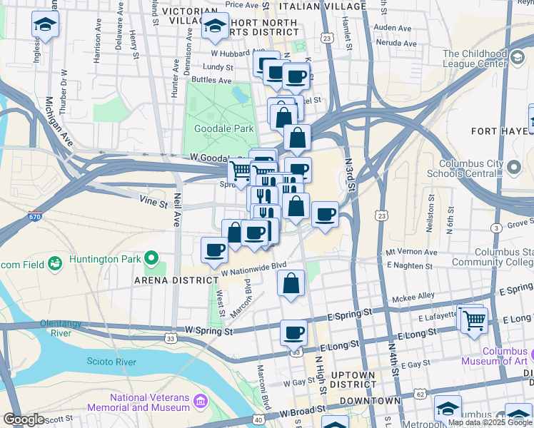 map of restaurants, bars, coffee shops, grocery stores, and more near 444 North Front Street in Columbus
