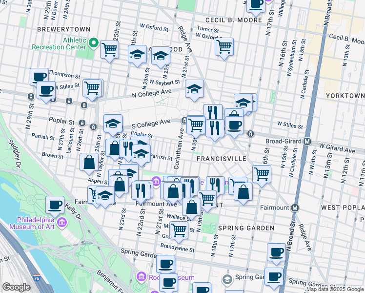 map of restaurants, bars, coffee shops, grocery stores, and more near 869 Corinthian Avenue in Philadelphia