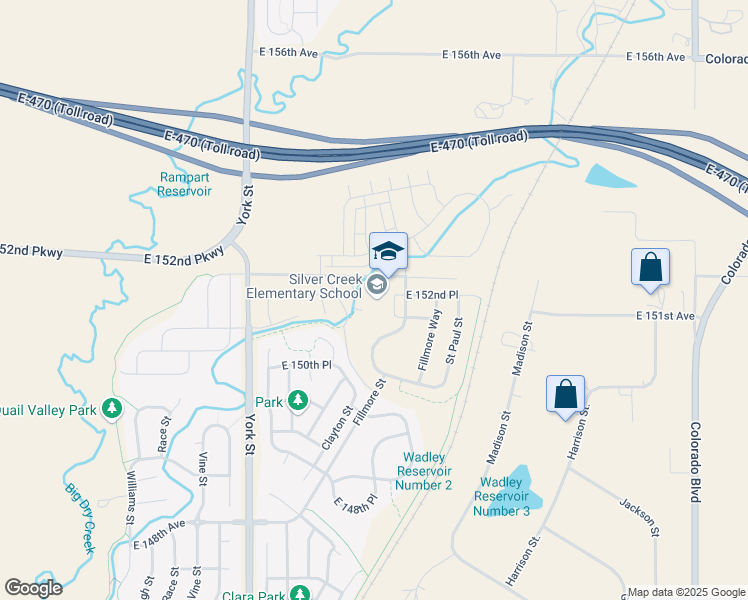 map of restaurants, bars, coffee shops, grocery stores, and more near 15101 Fillmore Street in Thornton