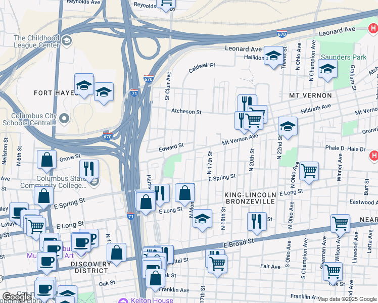 map of restaurants, bars, coffee shops, grocery stores, and more near 861 Mount Vernon Avenue in Columbus