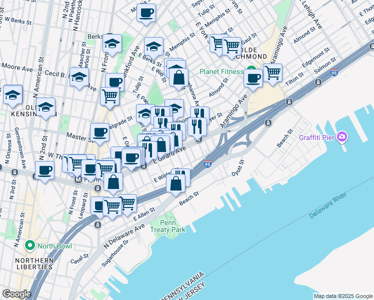 map of restaurants, bars, coffee shops, grocery stores, and more near 602 East Girard Avenue in Philadelphia
