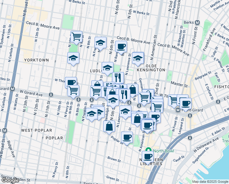 map of restaurants, bars, coffee shops, grocery stores, and more near 1230 North 5th Street in Philadelphia
