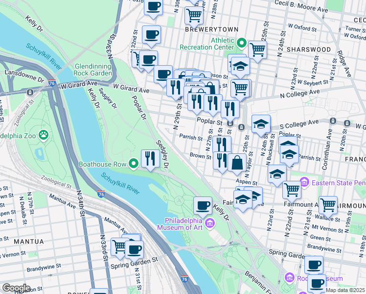 map of restaurants, bars, coffee shops, grocery stores, and more near 814 North Newkirk Street in Philadelphia