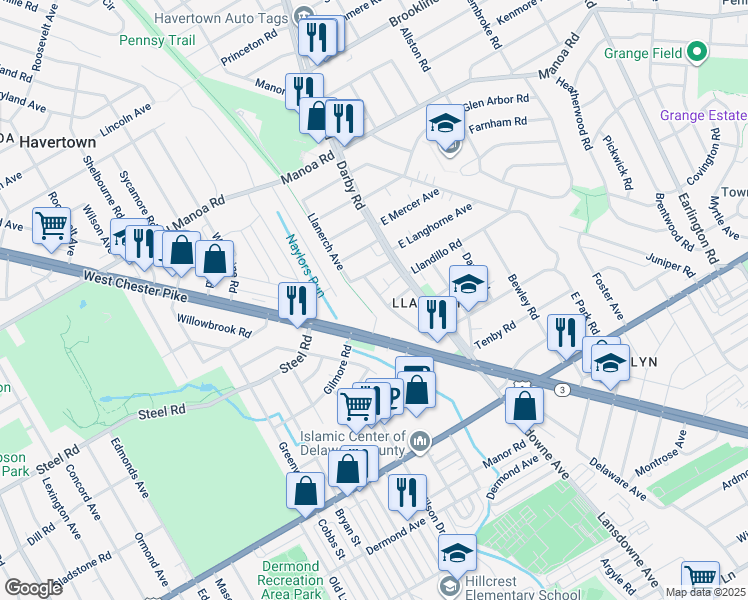 map of restaurants, bars, coffee shops, grocery stores, and more near 420 Llanerch Avenue in Havertown