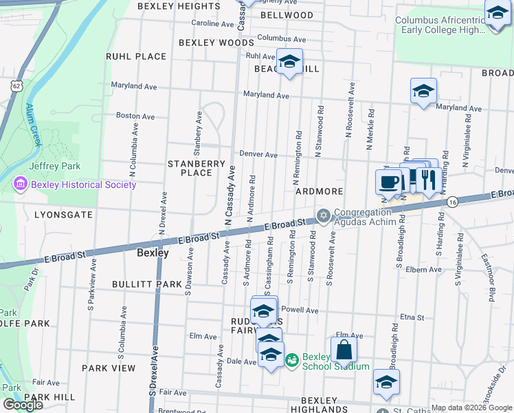 map of restaurants, bars, coffee shops, grocery stores, and more near 2640 East Broad Street in Columbus