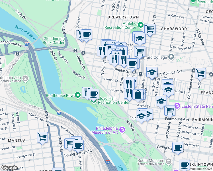 map of restaurants, bars, coffee shops, grocery stores, and more near 814 North Newkirk Street in Philadelphia