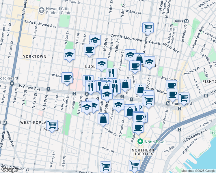 map of restaurants, bars, coffee shops, grocery stores, and more near 1230 North 5th Street in Philadelphia