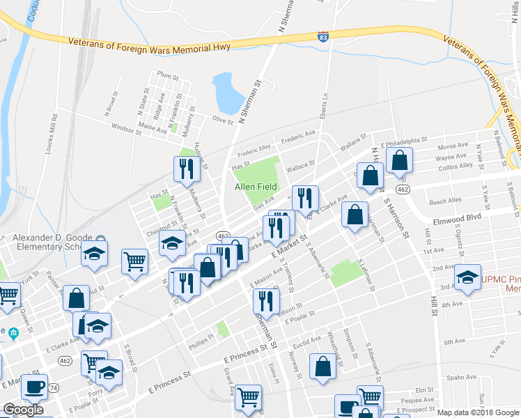 map of restaurants, bars, coffee shops, grocery stores, and more near 905 East Philadelphia Street in York