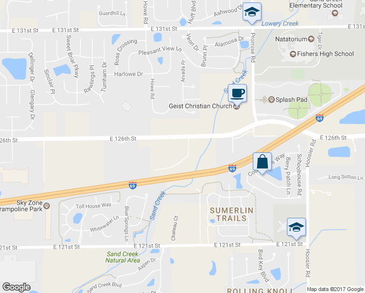 map of restaurants, bars, coffee shops, grocery stores, and more near 10543 East 126th Street in Fishers