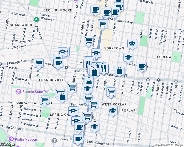 map of restaurants, bars, coffee shops, grocery stores, and more near in Philadelphia