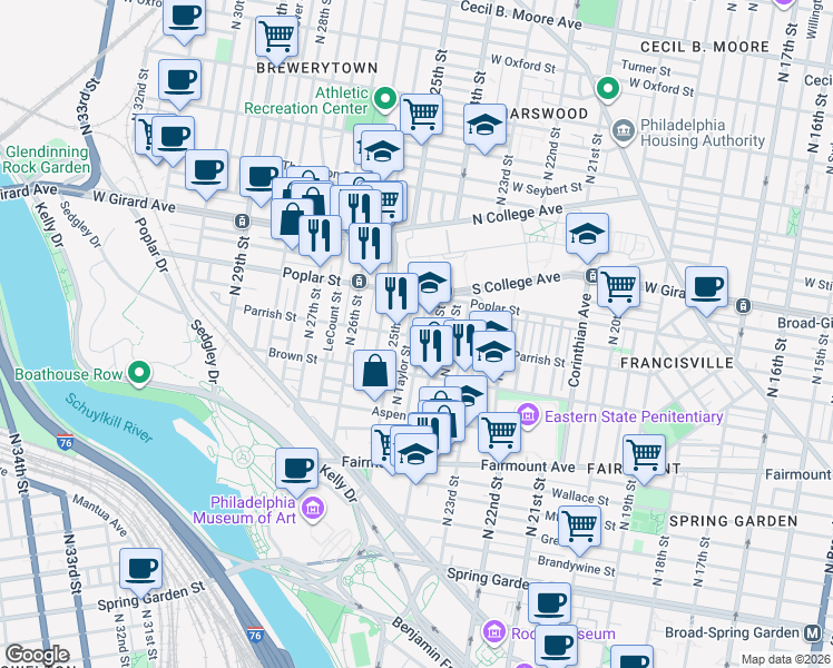 map of restaurants, bars, coffee shops, grocery stores, and more near 2437 Brown Street in Philadelphia