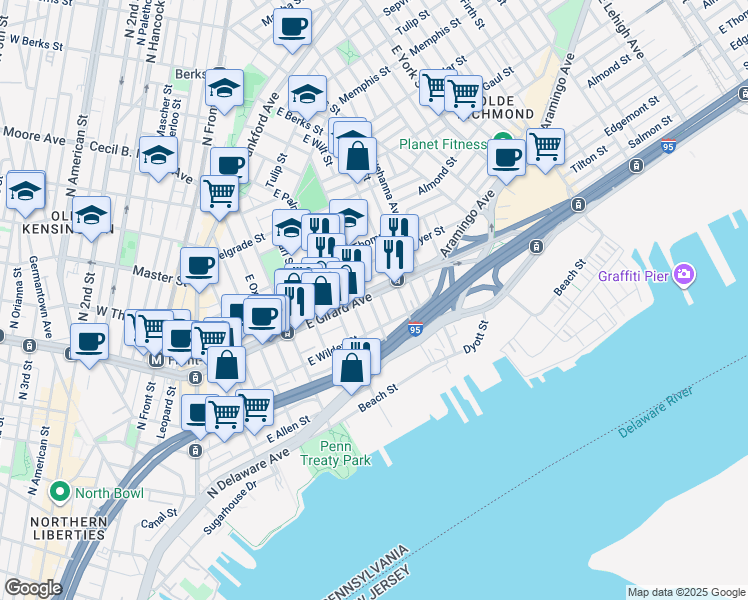 map of restaurants, bars, coffee shops, grocery stores, and more near 602 East Girard Avenue in Philadelphia