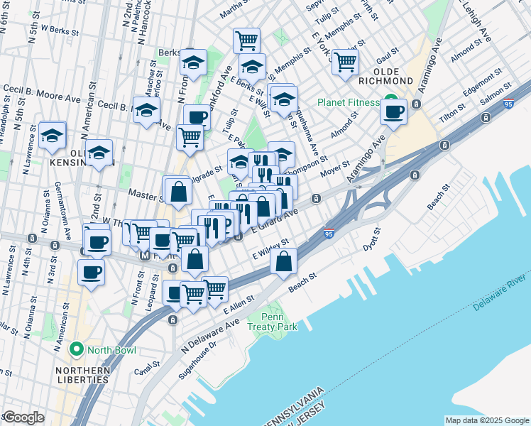 map of restaurants, bars, coffee shops, grocery stores, and more near 458 East Flora Street in Philadelphia