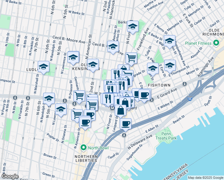 map of restaurants, bars, coffee shops, grocery stores, and more near 1310 Hope Street in Philadelphia