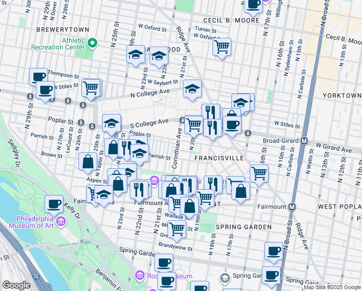 map of restaurants, bars, coffee shops, grocery stores, and more near 869 Corinthian Avenue in Philadelphia