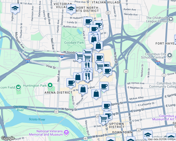 map of restaurants, bars, coffee shops, grocery stores, and more near 405 North Front Street in Columbus