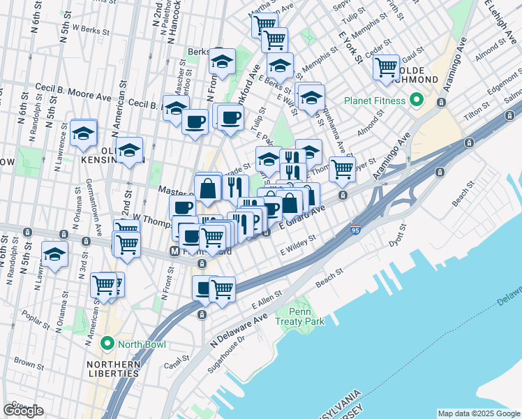 map of restaurants, bars, coffee shops, grocery stores, and more near 1235 East Columbia Avenue in Philadelphia
