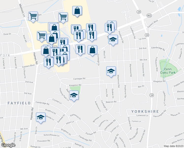 map of restaurants, bars, coffee shops, grocery stores, and more near 2765 Carnegie Road in East York