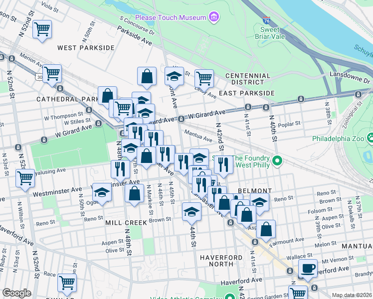 map of restaurants, bars, coffee shops, grocery stores, and more near 929 Belmont Avenue in Philadelphia
